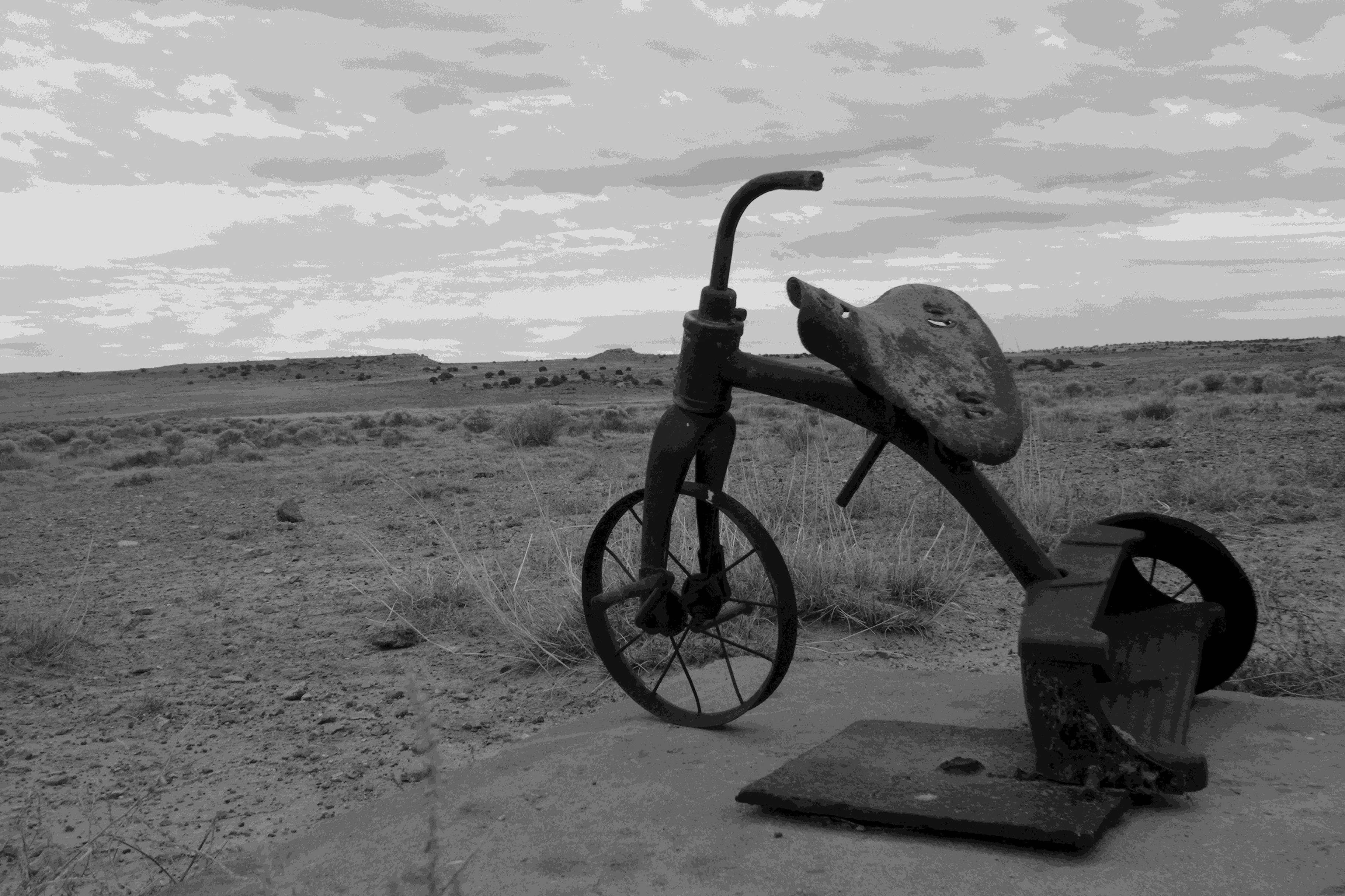 Dis is some real post-apocalyptic schtuff.  A busted up trike in the middle of nowhere