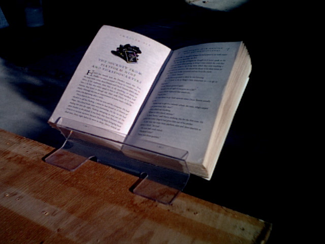book held up on a simulated desk
