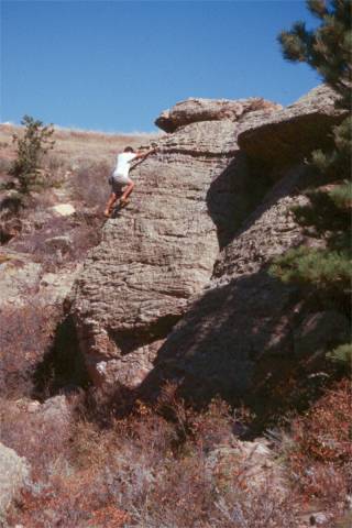 Pete way off the deck on the fearsome Exit Wall