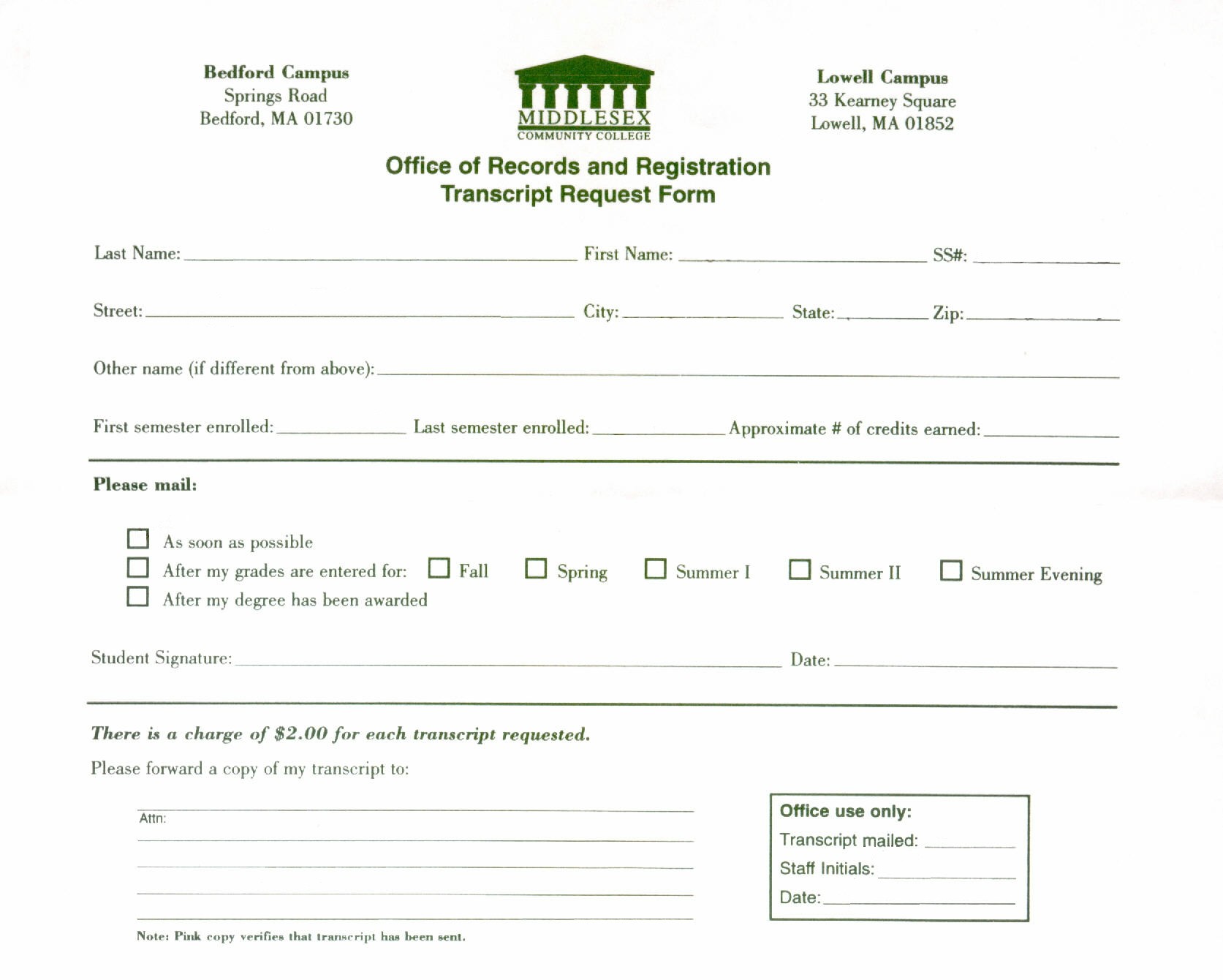Middlesex Community College Transcript request form