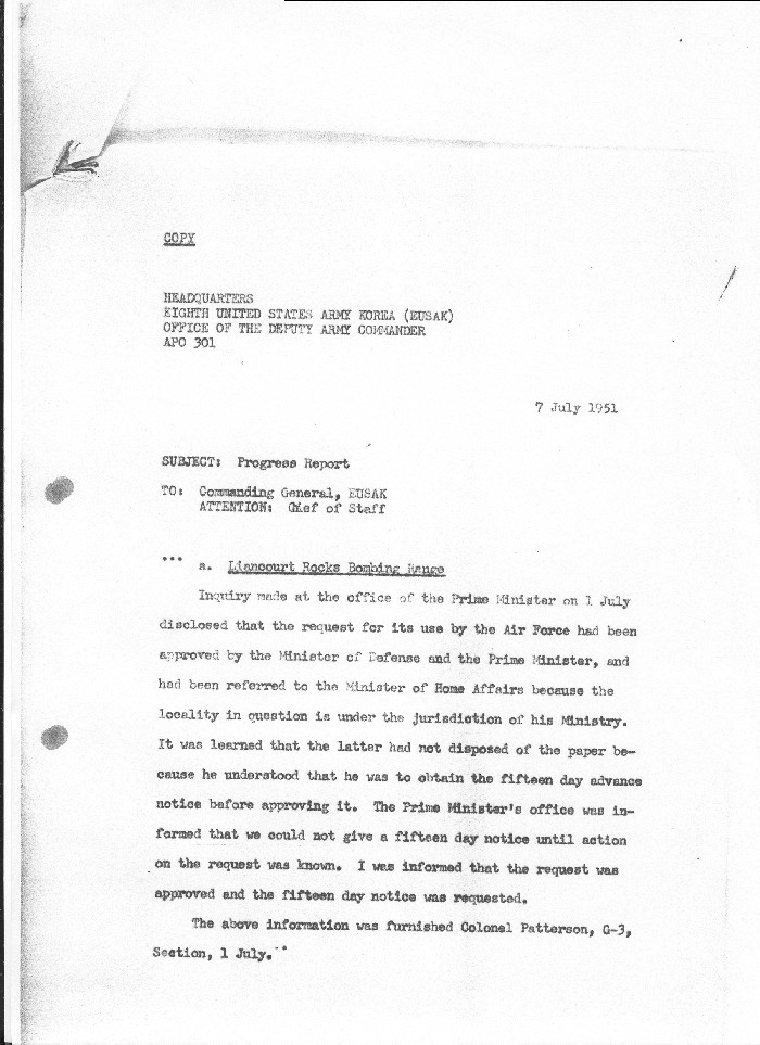 Progress Report on the inquiry made to the ROK PM for use of Dokdo as a bombing range. Permission was granted