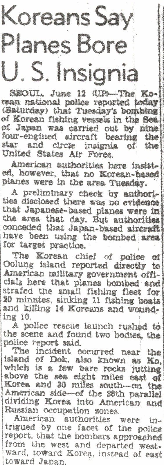 San Francisco Chronicle article on the June 8th bombing.  Reported by the United Press from Seoul on June 12th.