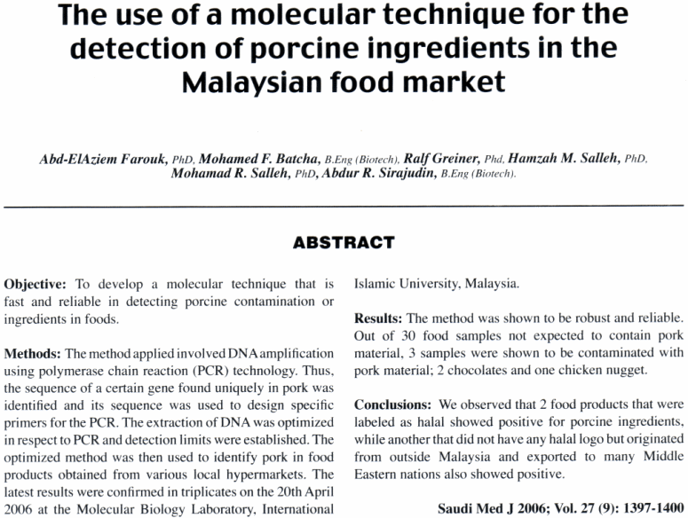Use of molecular technique for
detection of porcine ingredients in food labelled pork-free