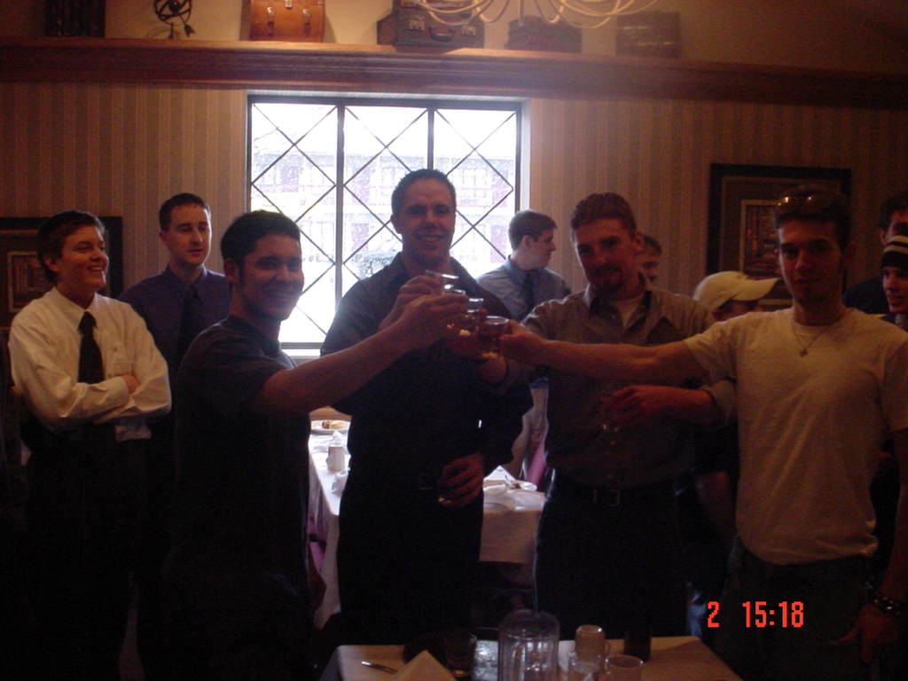 This was after we initiated the newest guys.&nbsp;&nbsp; The guys toasting from left to right:&nbsp; Loco (my big B's newest little B),&nbsp; BP,&nbsp; Seth (my big B), and well,&nbsp; me!