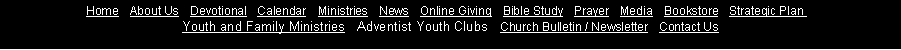Text Box: Home&nbsp;| About&nbsp;Us&nbsp;| Devotional&nbsp;| Calendar   Ministries&nbsp;| News&nbsp;| Online&nbsp;Giving&nbsp;| Bible&nbsp;Study&nbsp;| Prayer&nbsp;| Media&nbsp;| Bookstore&nbsp;| Strategic&nbsp;Plan&nbsp;&nbsp;| 
Youth and Family Ministries   Adventist Youth Clubs   Church&nbsp;Bulletin&nbsp;/&nbsp;Newsletter&nbsp;| Contact&nbsp;Us 