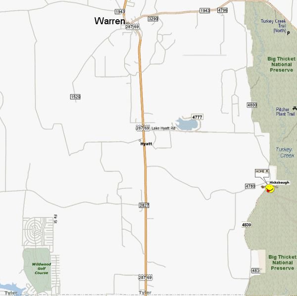    This is the greater Warren Texas area ... including  WILDWOOD Resort City where Jeff was once employed ...click to see Hicksbaugh, Tx...our neighborhood   