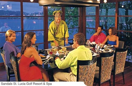 The high glamour of Sandals St. Lucia is also reflected in its gourmet dining. No other resort in the island can boast six world-class specialty restaurants, each with creative menus inspired by the world's most renowned cuisines. Each of our six specialty restaurants presents a unique decor designed to match your mood. From the candle-lit elegance of a Continental dining room... to the romantic intimacy of a French bistro. Sandals St. Lucia lets you expand your dining options even further with our "Dine Around"&nbsp; for a total of nine world-class choices.