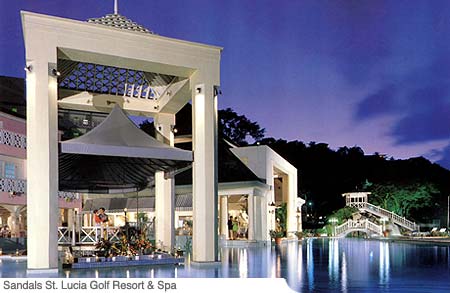 A vast inland hideaway, Sandals St. Lucia is an enormous tropical world onto itself. Besides the Eastern Caribbean's largest and most creative pool with its towering swim-up bar and cascading waterfall, there's an impressive new pool built directly on top of Sunset Bluff overlooking the sea, plus an additional swimming pool, 4 relaxing whirlpools and an exclusive scuba certification pool. Also at your command is snorkeling, scuba diving, windsurfing, water-skiing, paddle boats and more. On land, our beautifully manicured golf course offers picturesque challenges for every level of play. 