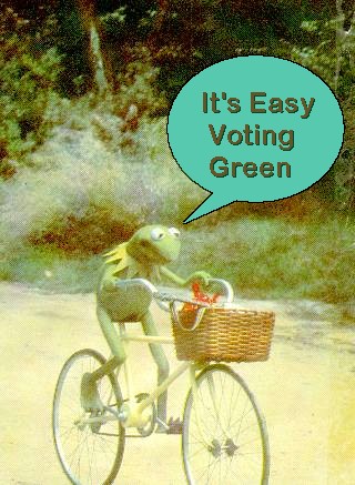 Kermit campaigning for the green party... spoof on it's not easy being green slogan... it's easy voting green