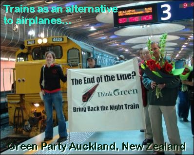 New Zealand greens campaign for train travel as an ecological alternative to airplanes