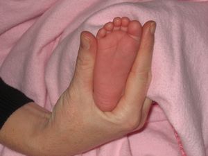 Pic, Eirelyn's foot resting in Aunt<BR>
Laura's hand.