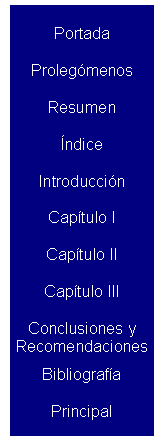 Text Box: Portada
Proleg�menos
Resumen
�ndice
Introducci�n
Cap�tulo I
Cap�tulo II
Cap�tulo III
Cap�tulo IV
Conclusiones y 
Recomendaciones
Bibliograf�a
Principal











