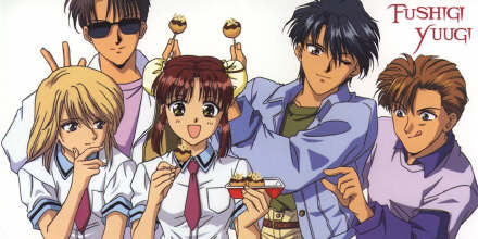Miaka eating along with her blonde best friend, Yui, boyfriend in blue, Tamahome, brother trying to steal her food, Keisuke, and friend w/the shades, Tetsuya!