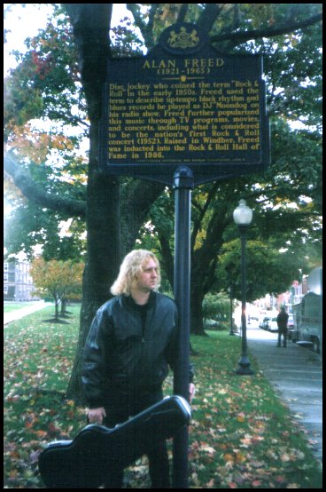 Standing at the momument to Alan Freed who coined the term "Rock&Roll", and creator of first Rock Concert...