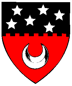 Per fess embattled sable mullety argent and gules a crescent argent.
