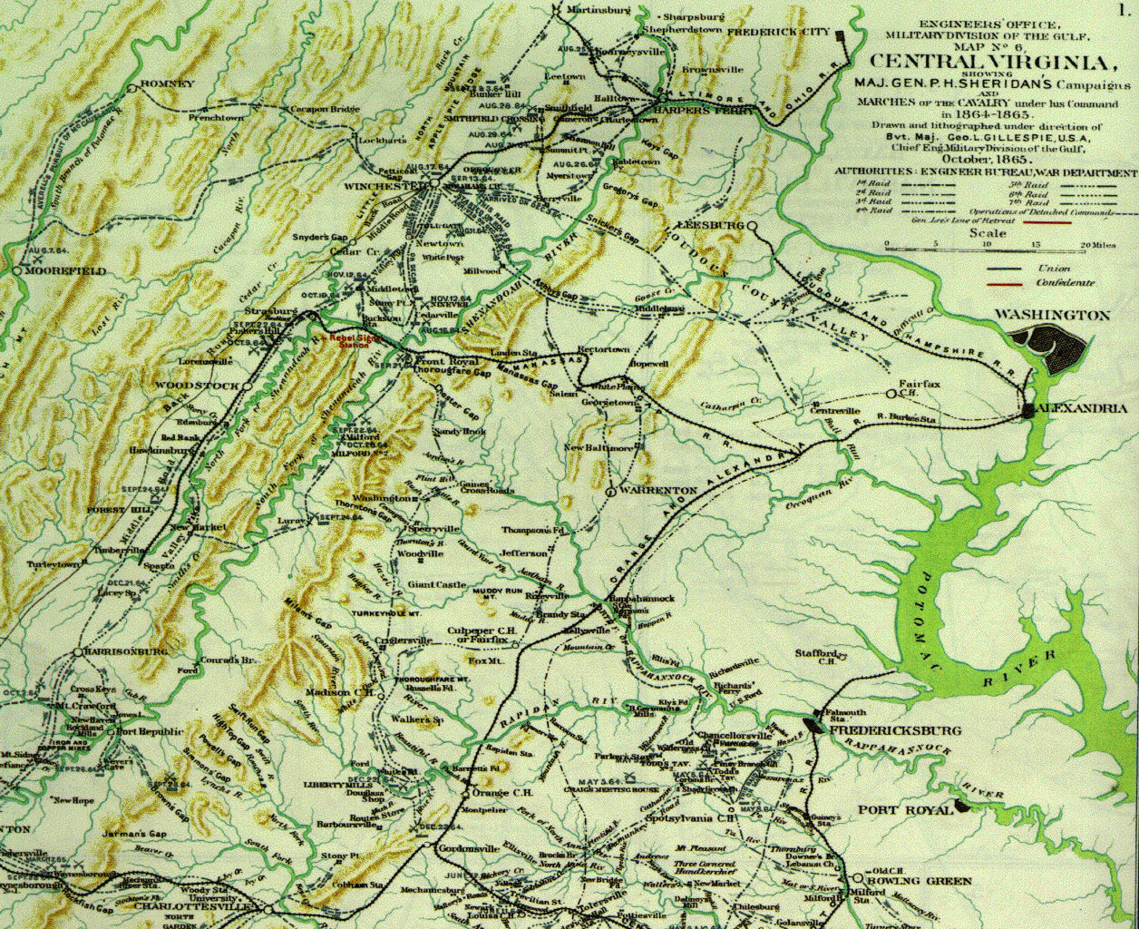 Engineers' Office, Military Division of the Gulf, "Map of Central Virginia Showing Sheridan's Campaigns Under His Command, 1864-1865" (1865) The University of Virginia