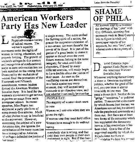 Newspaper article from the February 1889 Philadelphia Tribune.
