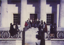 Floda gives speech behind 2nd National Bank.  Photo: Martian electronic disc.