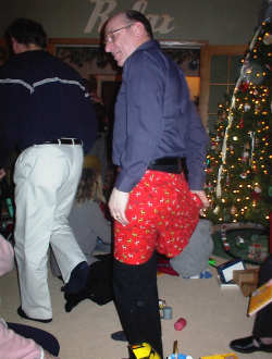 Amy's uncle Orville trying on his gift!