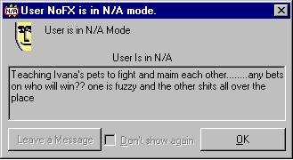 Patty's having way too much fun with the N/A feature. It was this very abuse of N/A's that led to their going out of fashion, shame on you Patty.&nbsp; 7.5/10
