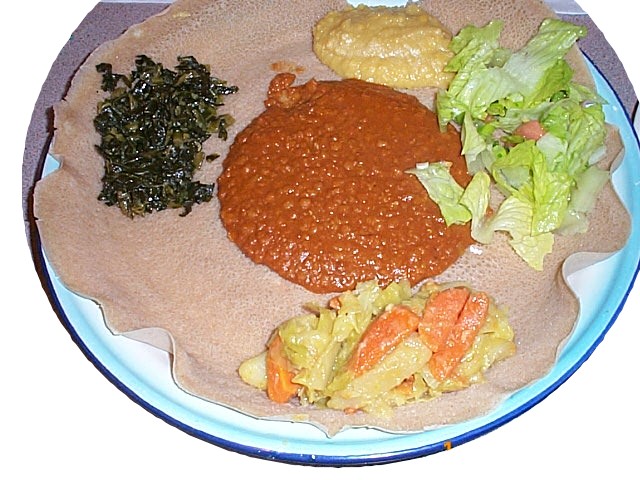 A typical veggie combo spread to be expected at most Ethiopian/Eritrean restaurants, often served with a side of injera bread