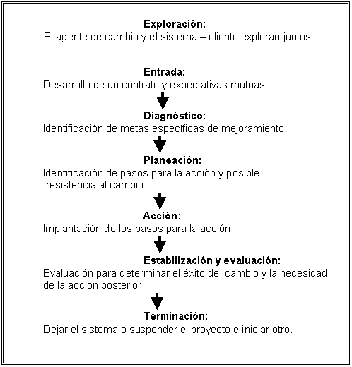 Cuadro de texto: 	          			Exploraci�n:
            El agente de cambio y el sistema � cliente exploran juntos


				Entrada:
	Desarrollo de un contrato y expectativas mutuas
				     
				Diagn�stico:
	Identificaci�n de metas espec�ficas de mejoramiento
    
Planeaci�n:
	Identificaci�n de pasos para la acci�n y posible
 resistencia al cambio.
			    
			Acci�n:
Implantaci�n de los pasos para la acci�n
			    
			Estabilizaci�n y evaluaci�n:
Evaluaci�n para determinar el �xito del cambio y la necesidad de la acci�n posterior.
			   
			Terminaci�n:
Dejar el sistema o suspender el proyecto e iniciar otro.
