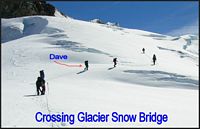 Crossing a crevasse's snow bridge