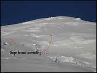 Teams ascending Rainier in early morning