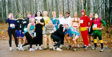 Skiers in costumes