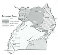 MAP OF UGANDA SHOWING THE PEOPLES BY TRIBAL GROUPINGS AND GENERAL AREA OCCUPIED