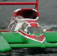 The canard, cockpit and air intake of the "Oh Boy! Oberto" hydroplane.