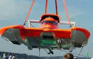 Underside view of the "Miss E-Lam Plus" showing the air tunnel and sponsons.