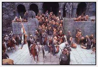 Legolas (Orlando Bloom) and Gimli (John Rhys Davies) arrive at Helm's Deep