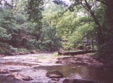 Mossy rocks in a wide creek, with a car bridge in the background