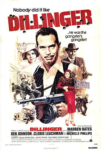 Montage of Warren Oates as Dillinger, Ben Johnson as Purvis, Michelle Phillips as Billie Frechette, Cloris Leachman as the Lady in Red