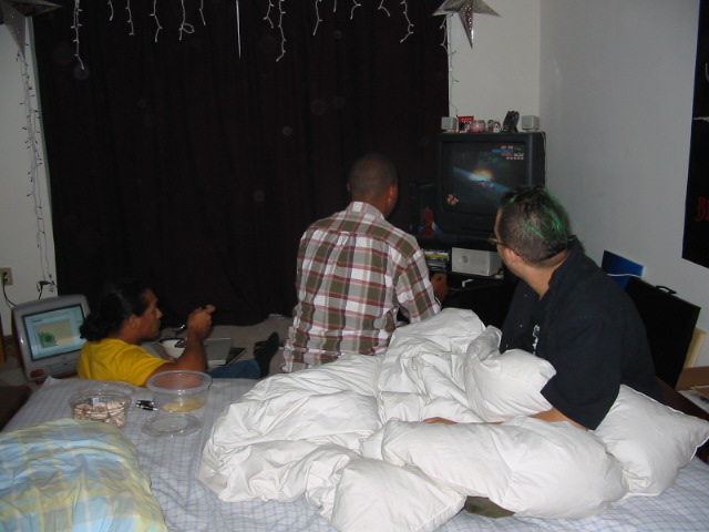 While us girls slave in the kitchen with the cake, the boys play video games. typical!