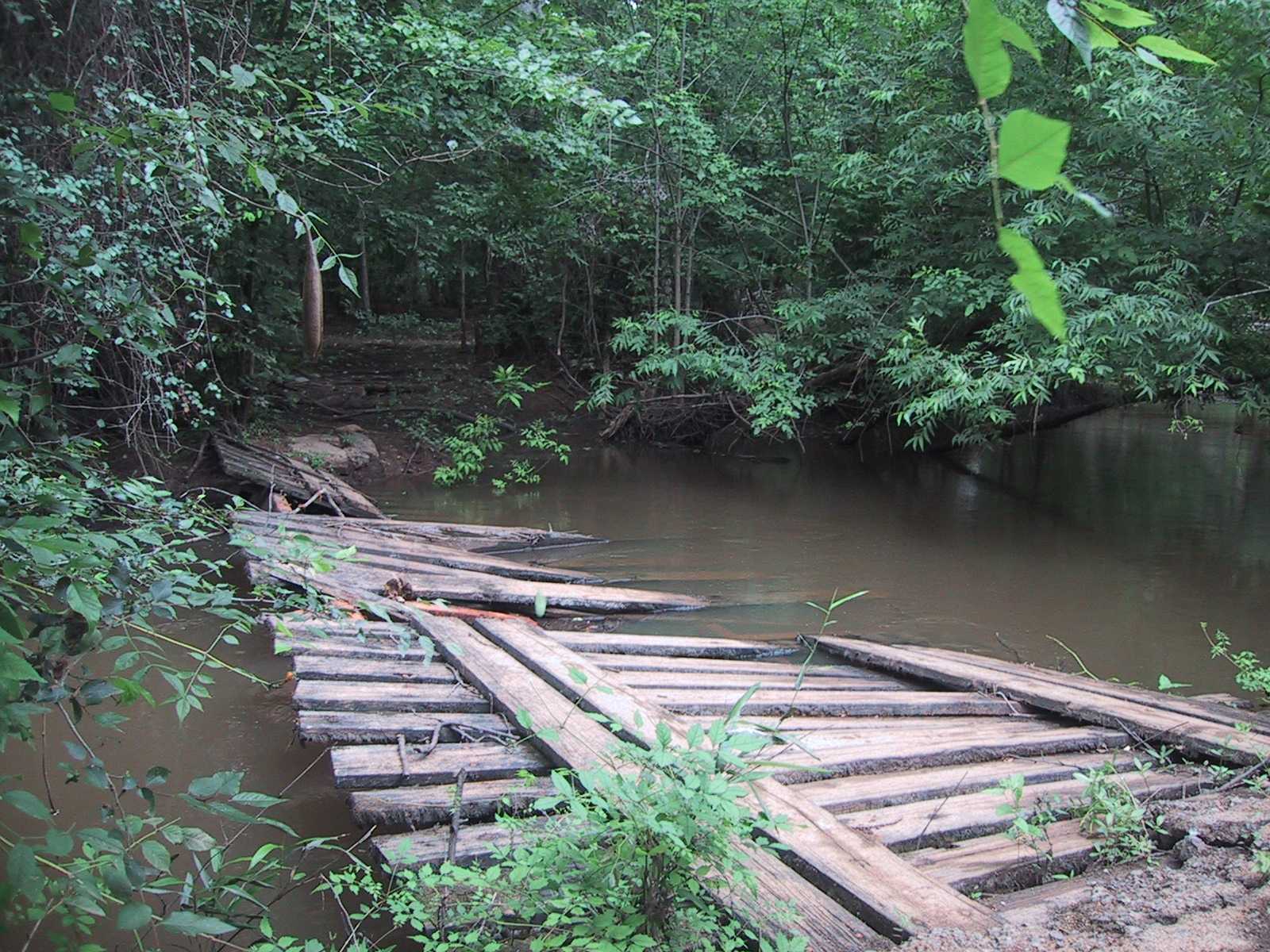 This bridge will take you down a through the woods, down a hog trail, to where the river and the creek come together.