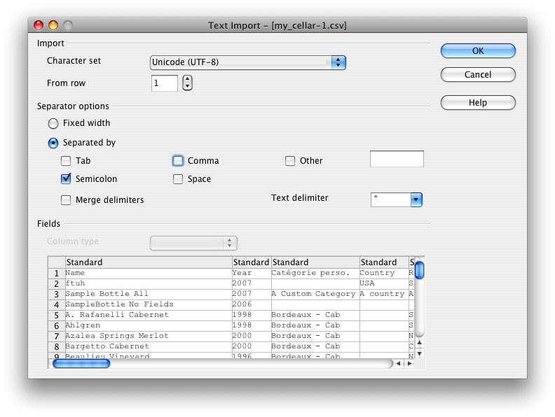 Open Office Screen with settings for Wine Cellar