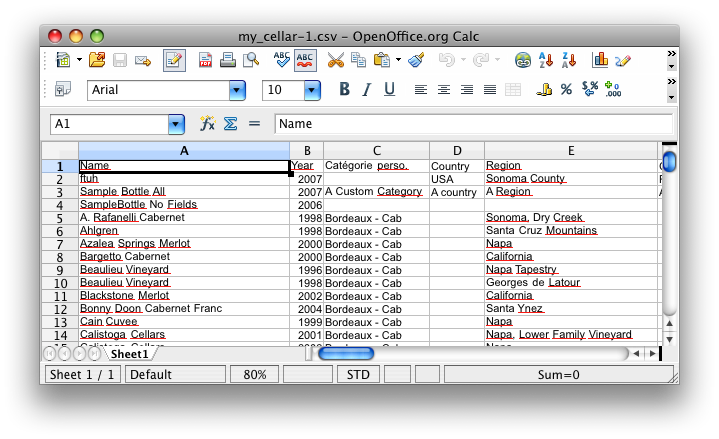 Open Office Screen with settings for Wine Cellar