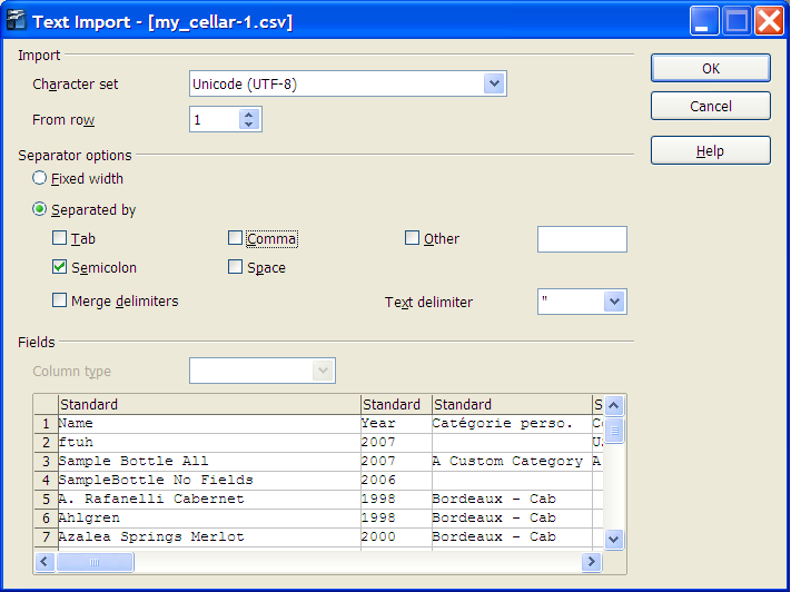 Open Office Screen with settings for Wine Cellar