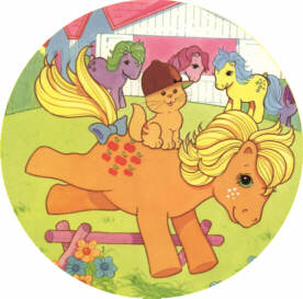 A pic of the Show Stable with Twinkles riding Applejack.Cotton Candy, Lemondrop and Snuzzle are the background.