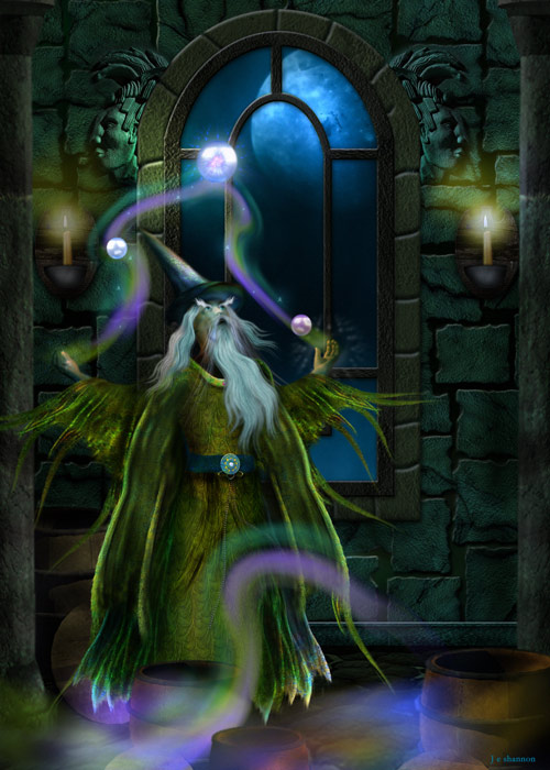 Wizard with floating orbs
