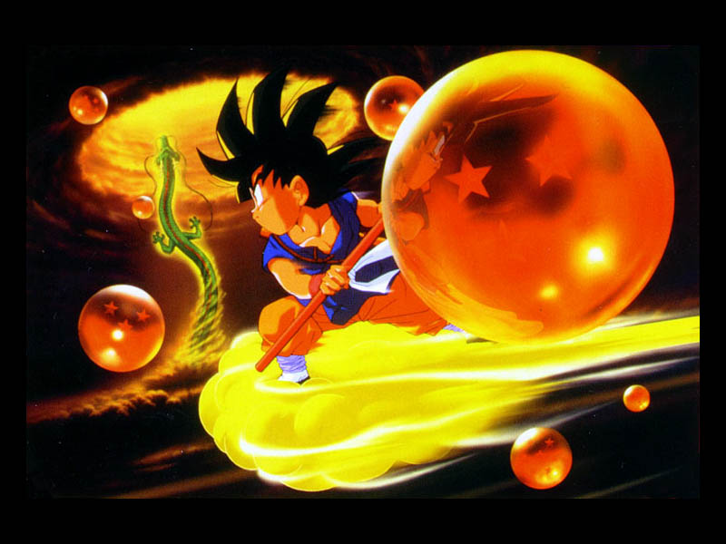 Goten rideing nimbus cloud while holding power pole