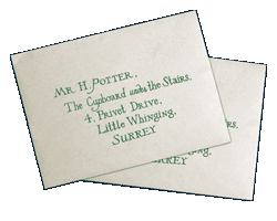 .:Mr. H Potter. The Cuboard under the stairs. 14 Privet Drive. Little Whinging. Surrey:.