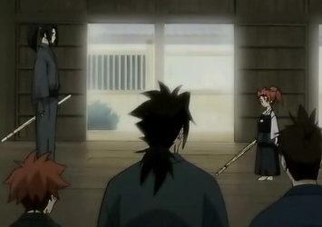 Bottom L-R: Nagakura, Harada and Toudou set up a match for Tetsunosuke (right, standing) against Saito Hajime (left, standing).