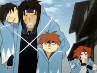 In their Shinsengumi uniforms, Harada carries Toudou and supports Nagakura back to the headquarters. Tetsunosuke follows behind.