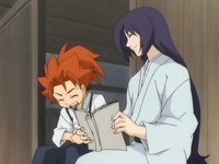 Okita and Tetsu laughing over Hijikata's poems.