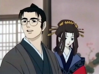 Yamanami Keisuke (left) and geisha Akesato (right) in Shimabara