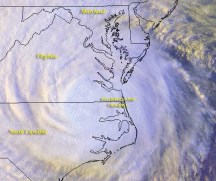 View of Isabel as she crosses from North Carolina into Virginia.&nbsp; Double Click to get the full size picture...
