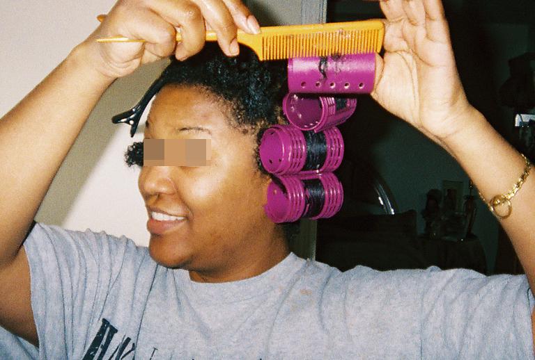I comb the ends over the roller to get a smooth set all the way to the ends of my hair which are very coily